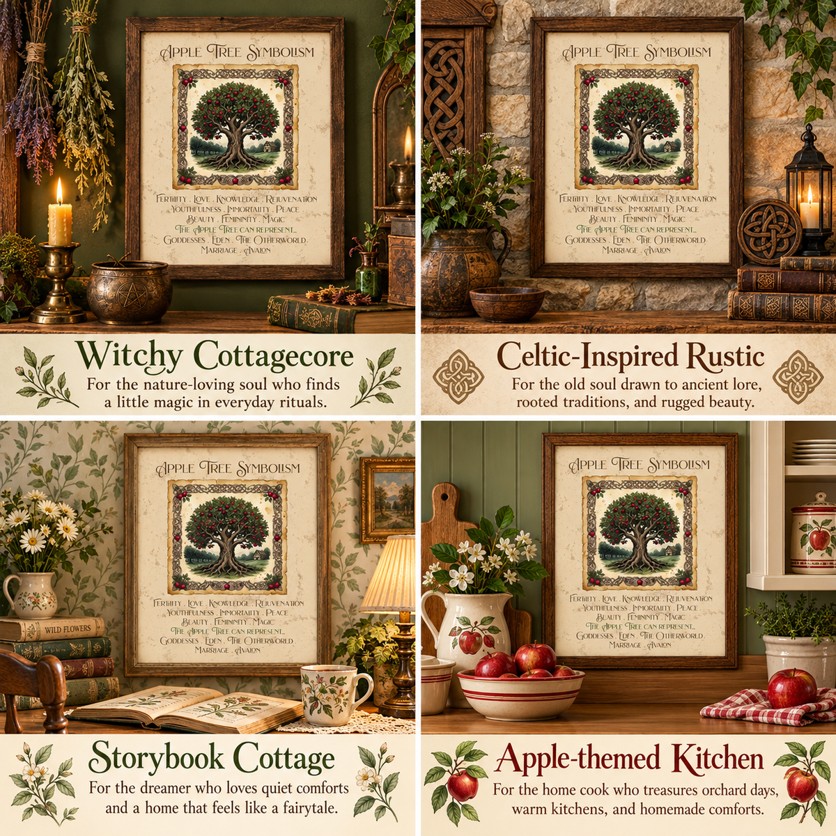 A four-panel collage showing framed vintage-style wall art with an apple tree illustration and titles: 'Witchy Cottagecore,' 'Celtic-Inspired Rustic,' 'Storybook Cottage,' and 'Apple-themed Kitchen.' The panels include styled home interiors with candles, pottery, books, apples, and rustic decor.