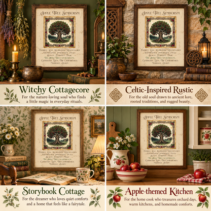 A four-panel collage showing framed vintage-style wall art with an apple tree illustration and titles: 'Witchy Cottagecore,' 'Celtic-Inspired Rustic,' 'Storybook Cottage,' and 'Apple-themed Kitchen.' The panels include styled home interiors with candles, pottery, books, apples, and rustic decor.