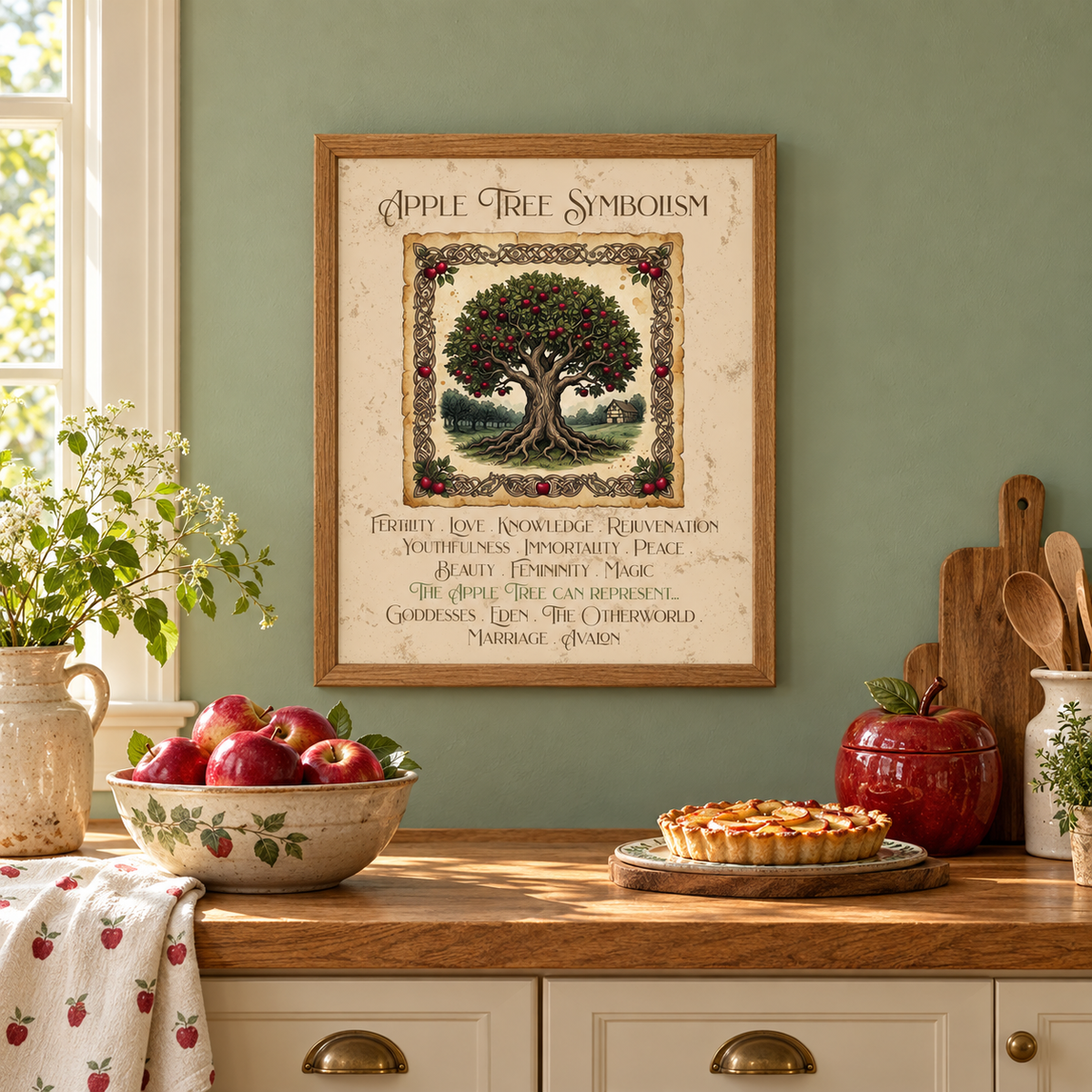 A framed vintage-style print titled "Apple Tree Symbolism" hangs on a sage green wall above a wooden kitchen counter with a fresh baked apple pie, an apple print hand towel, a bowl of apples, an apple-shaped container, a pitcher of flowers, and kitchen utensils.