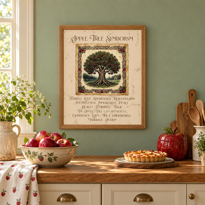 A framed vintage-style print titled "Apple Tree Symbolism" hangs on a sage green wall above a wooden kitchen counter with a fresh baked apple pie, an apple print hand towel, a bowl of apples, an apple-shaped container, a pitcher of flowers, and kitchen utensils.