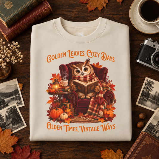A sandy crewneck sweatshirt folded on a dark wooden table, featuring a cozy autumn graphic of an owl in a chair with the text 'Golden Leaves, Cozy Days' and 'Olden Times, Vintage Ways'. The scene around the shirt is styled with vintage books, a cup of coffee, a camera, fall leaves, and black and white photos.