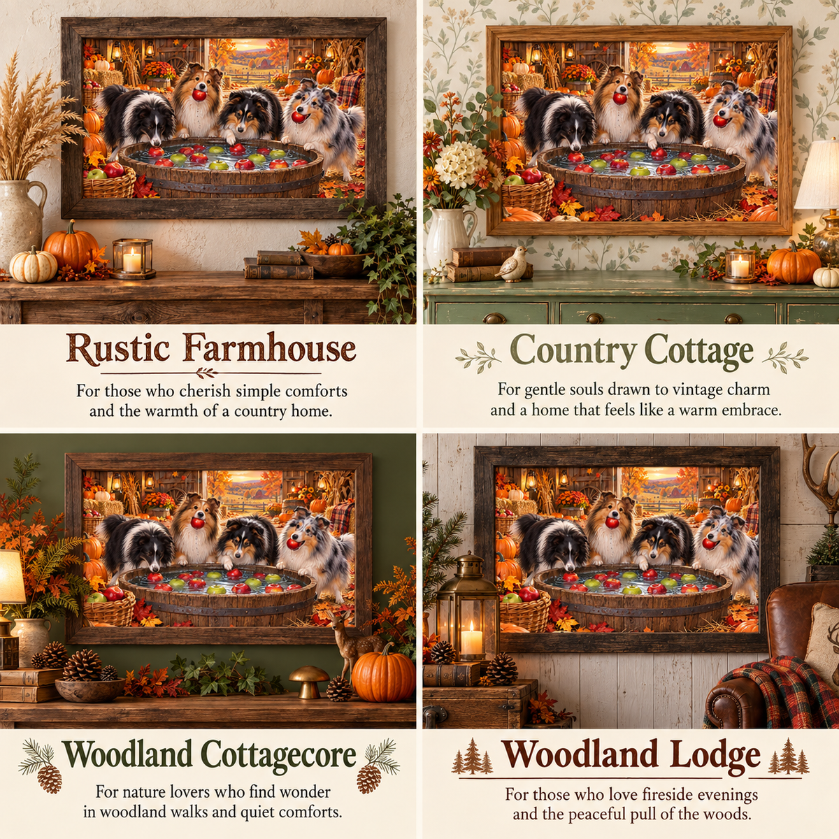 A four-panel collage showing the Shetland Sheepdog bobbing for apples poster in different home decor settings, each with a different label: Rustic Farmhouse, Country Cottage, Woodland Cottagecore, and Woodland Lodge.