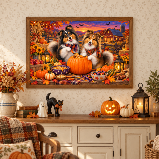 A framed Halloween-themed canvas print featuring two shelties carving pumpkins amid fall foliage, displayed on a beige patterned wall above a decorated holiday mantel with a jack-o'-lantern, ghost and cat figures, lantern, and a vase of dried flowers. In front is a chair with a pillow with a pumpkin on it and a blanket in fall colors.