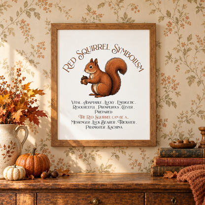 A framed art print featuring a squirrel holding an acorn with the text 'Red Squirrel Symbolism' and symbolic attributes, displayed on a floral wallpapered wall above a wooden console table with a pitcher full of fall leaves, books, a bowl of nuts, an orange blanket, and a couple of pumpkins.