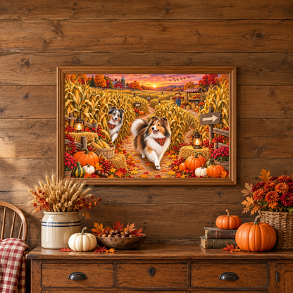 A framed autumn-themed painting of two shelties in a corn maze hangs on a rustic wooden wall above a matching wooden console table with pumpkins, books, a bowl of nuts, a basket of flowers, and a vase of wheat.