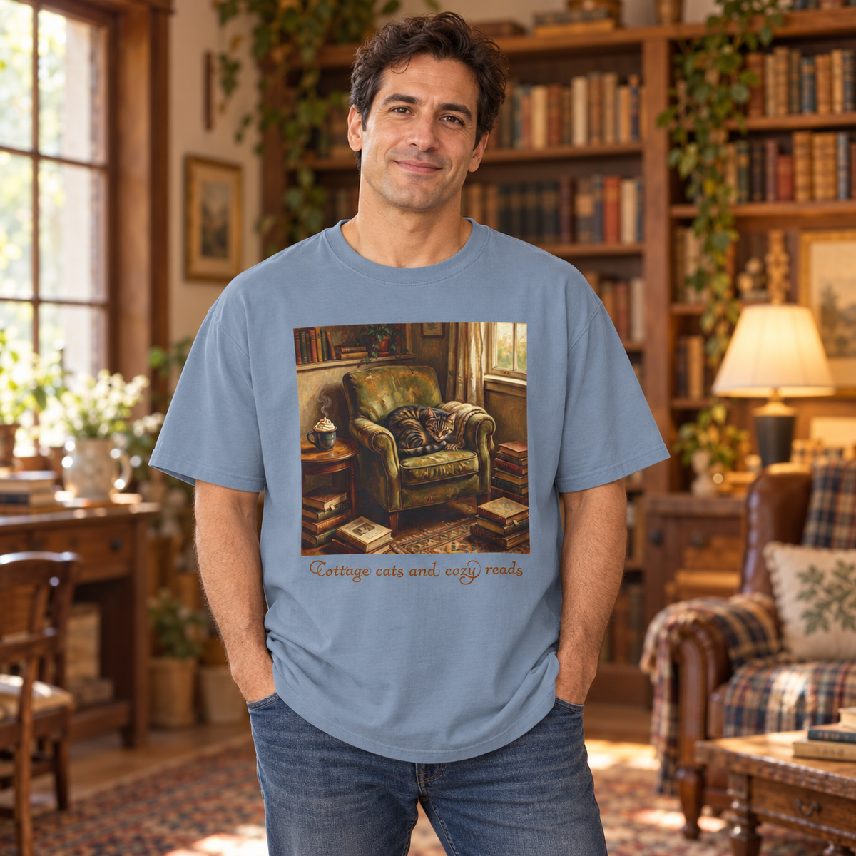 A man wearing a light blue graphic t-shirt with a cozy reading room scene and the words, 'Cottage cats and cozy reads' printed on the chest. He is standing in a warm, book-filled library or study.