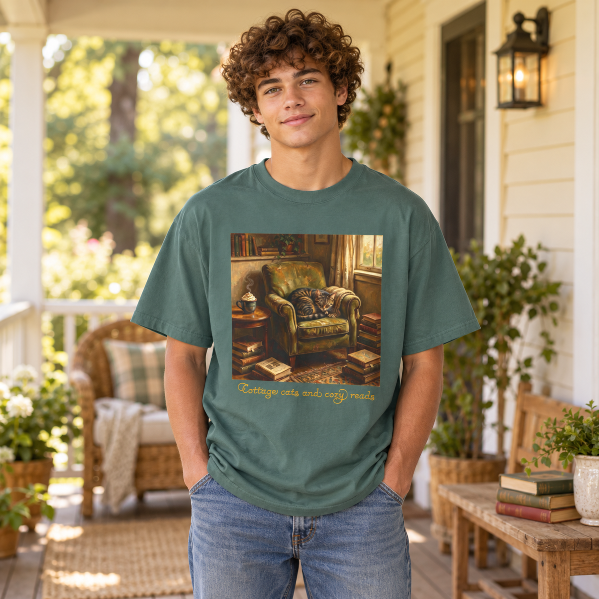 A young man with curly brown hair stands on a porch wearing a muted teal-green graphic t-shirt. The t-shirt features a square print of a cozy living room scene with a cat curled up in a green armchair and the text 'Cottage cats and cozy reads'.