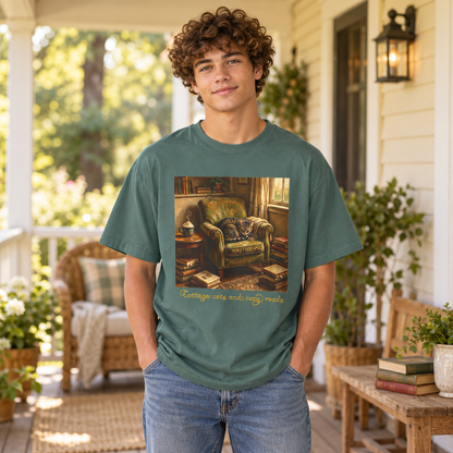 A young man with curly brown hair stands on a porch wearing a muted teal-green graphic t-shirt. The t-shirt features a square print of a cozy living room scene with a cat curled up in a green armchair and the text 'Cottage cats and cozy reads'.