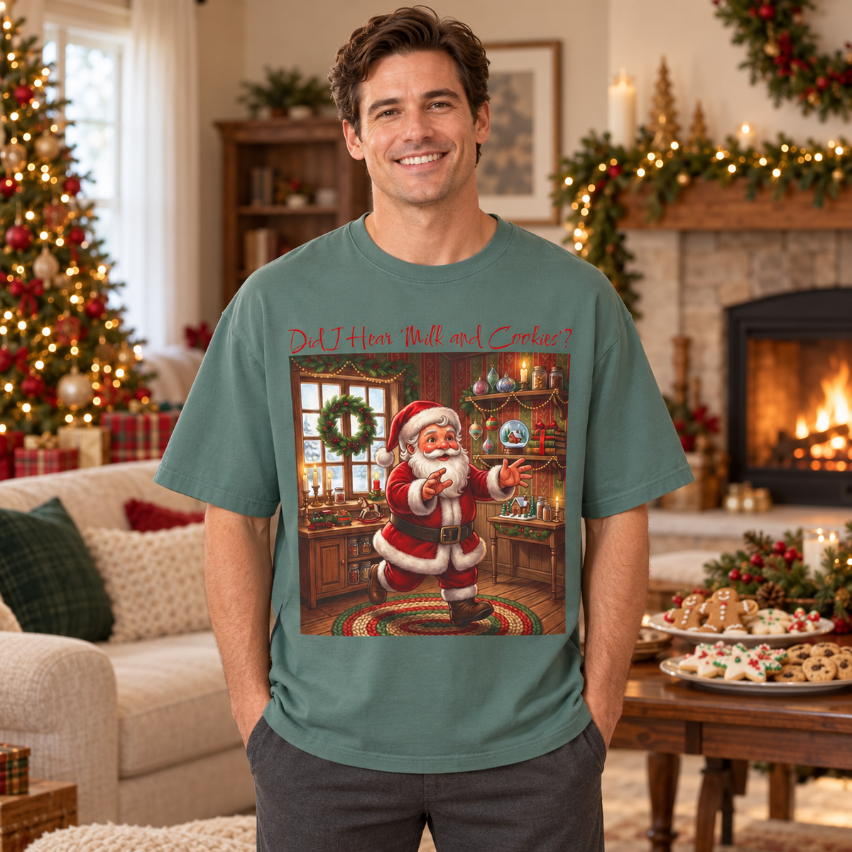 A man wearing a sage green graphic t-shirt with a Santa illustration and the text, "Did I Hear 'Milk and Cookies'?" The man is standing in a cozy, decorated holiday living room with a fireplace, a table full of plates of cookies, and a Christmas tree.