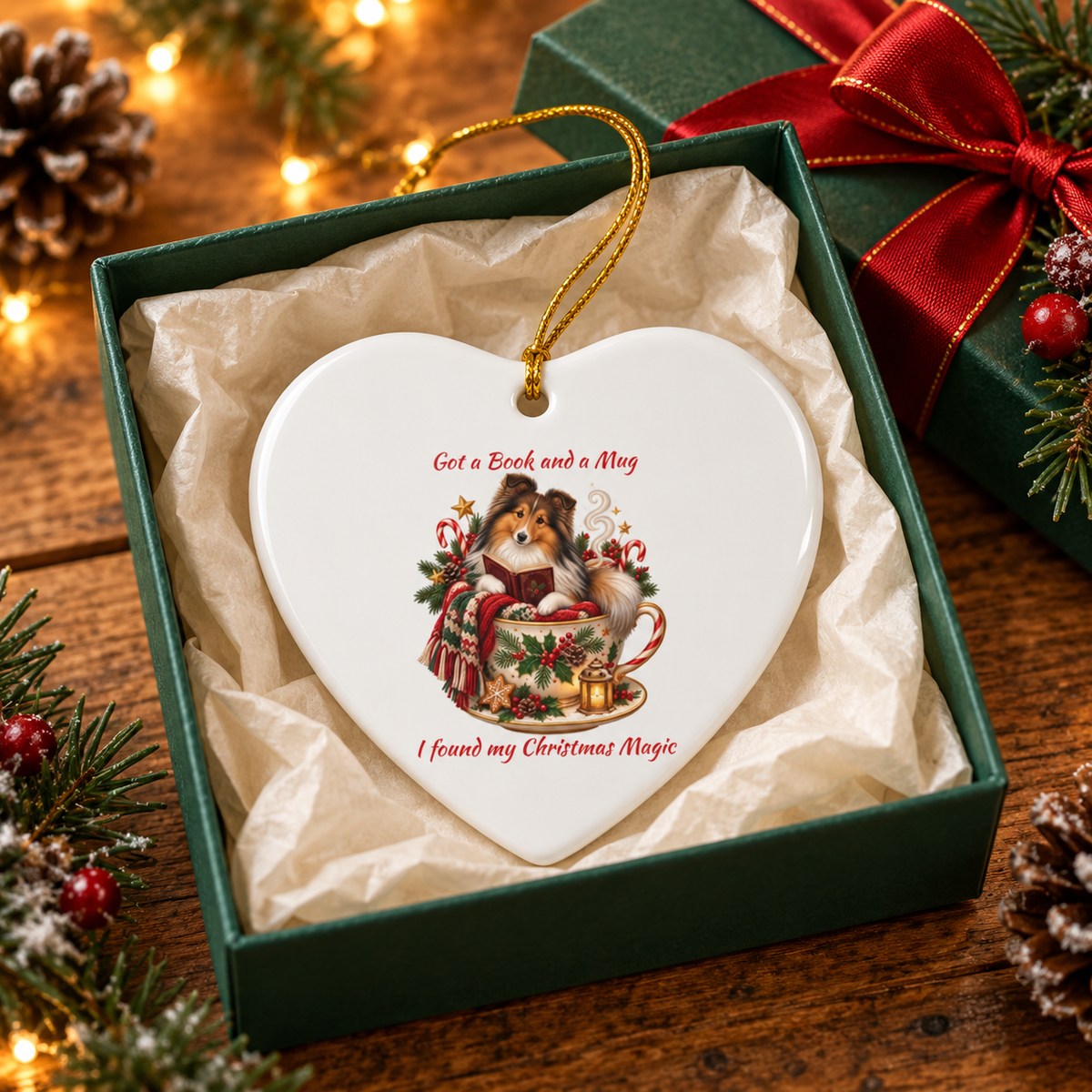 Heart-shaped ceramic Christmas ornament displayed in a dark green gift box with creme tissue paper, surrounded by holiday decorations including pine branches, a red ribbon, and warm string lights. The ornament features an illustration of a collie dog in a teacup with red text reading, 'Got a Book and a Mug' above and below, 'I found my Christmas Magic'.