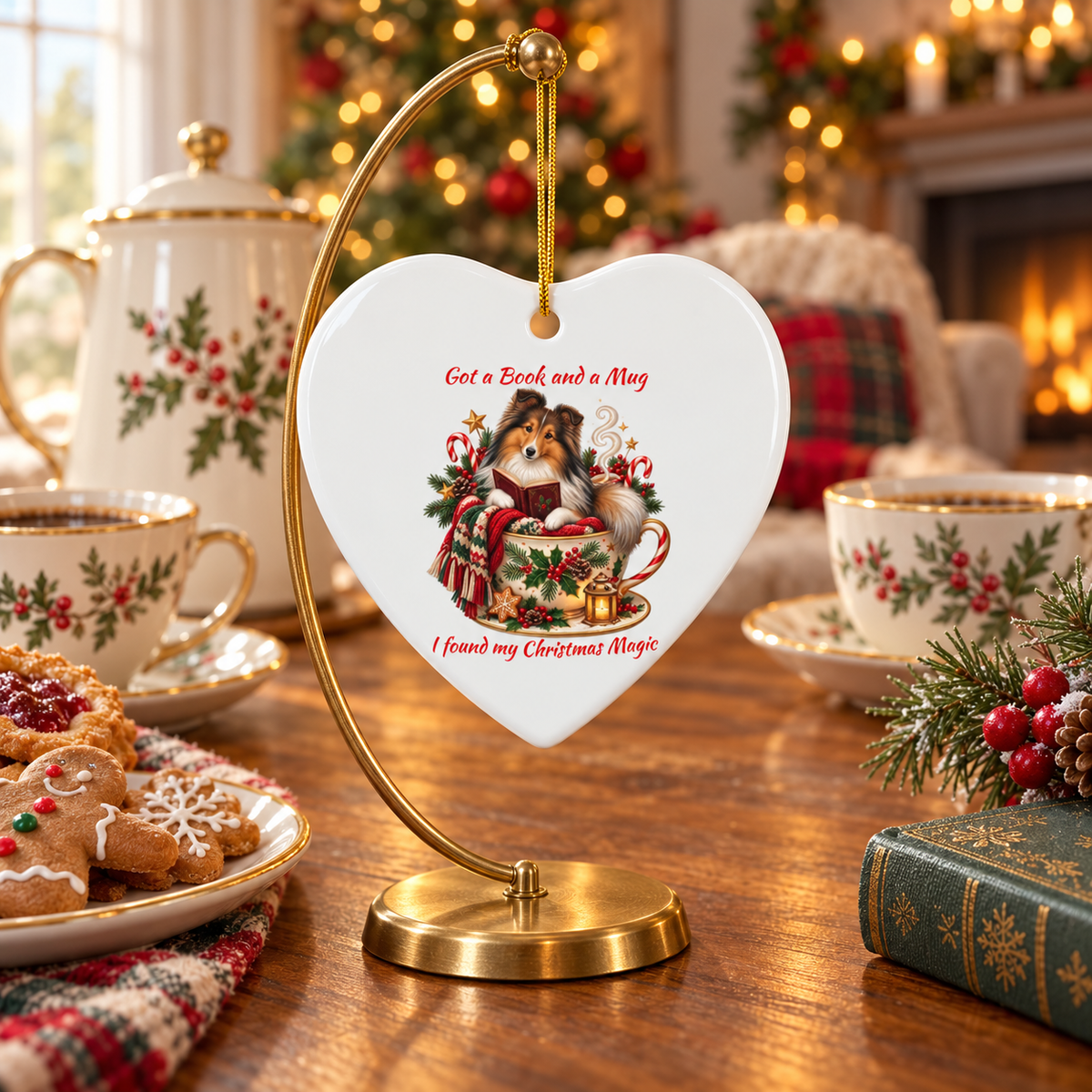 Heart-shaped ceramic Christmas ornament on a gold stand, featuring an illustration of a Shetland Sheepdog in a Christmas mug with the text 'Got a Book and a Mug I found my Christmas Magic'. The ornament's stand is set on a decorated holiday table with cookies, a coffee pot, and coffee cups.