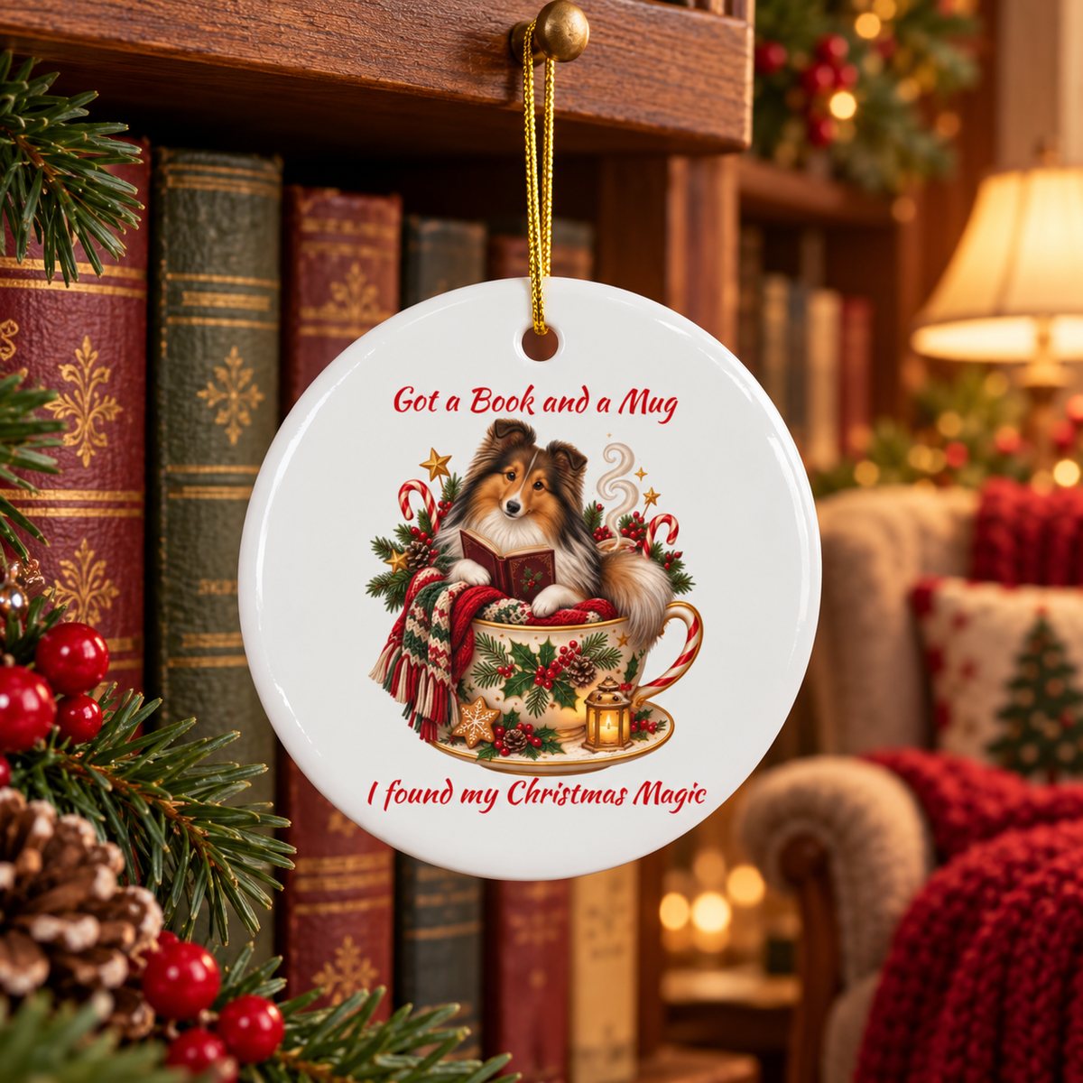 A round white ceramic Christmas ornament hanging from a gold string in a cozy holiday room. The ornament features an illustration of a Sheltie reading a book in a teacup, with red text reading 'Got a Book and a Mug I found my Christmas Magic'.