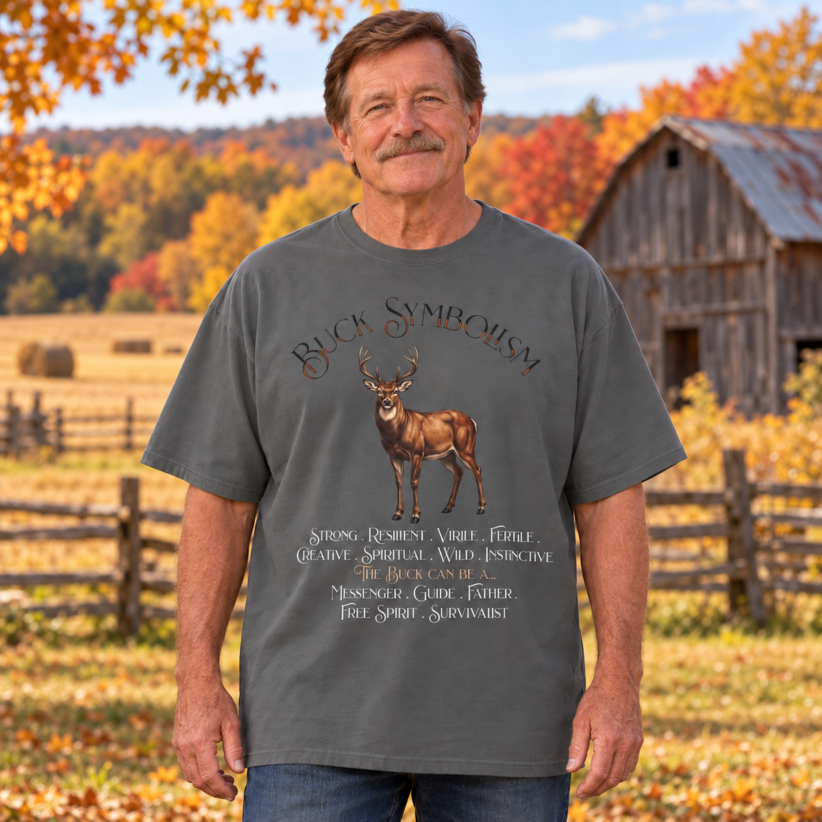 A man wearing a dark gray graphic t-shirt with a buck design, title of Buck Symbolism and descriptive text. The man stands in a rural outdoor setting with autumn trees and a barn in the background.