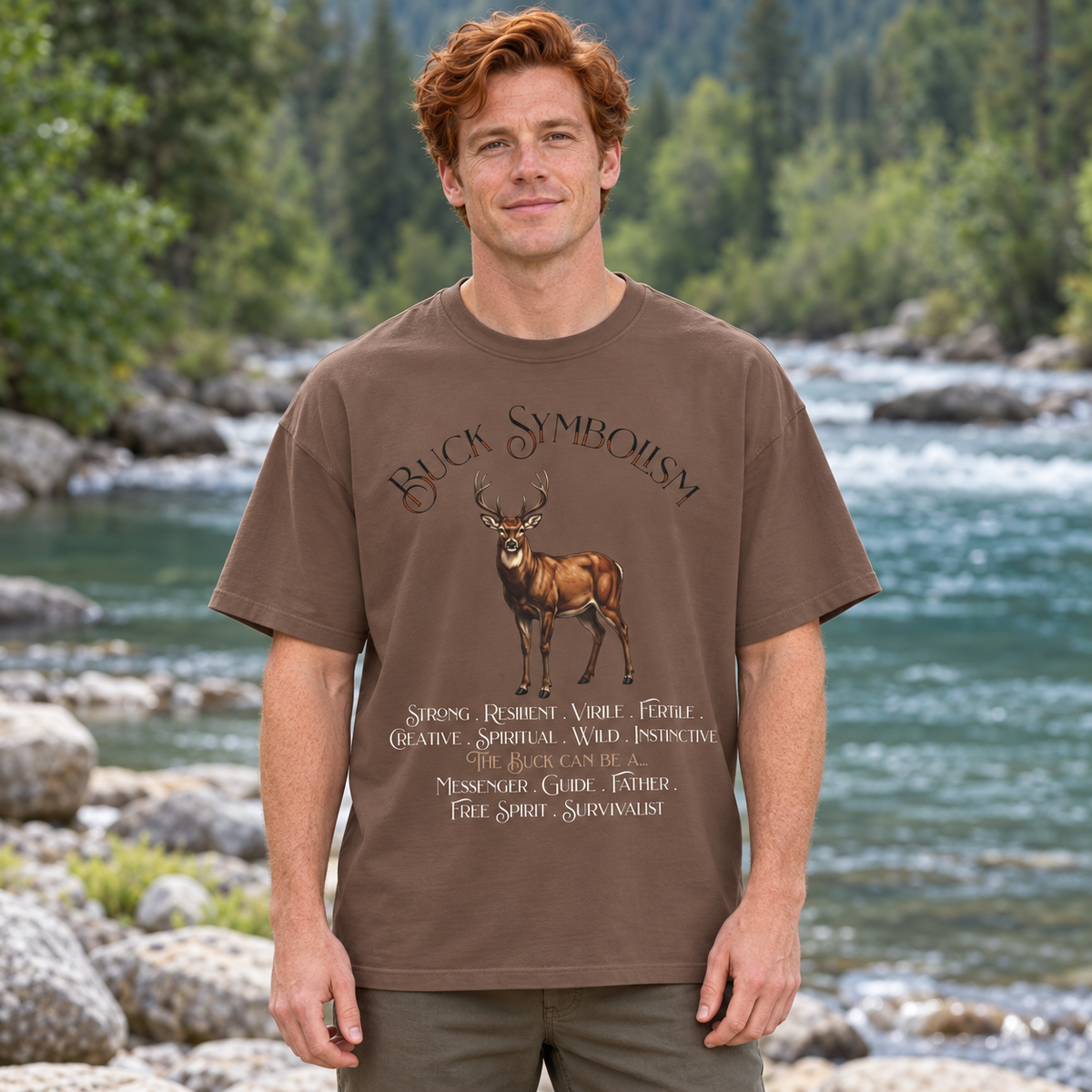 A man wearing a brown graphic t-shirt with a deer design and the text 'Buck Symbolism' stands in front of a rocky river with trees in the background.