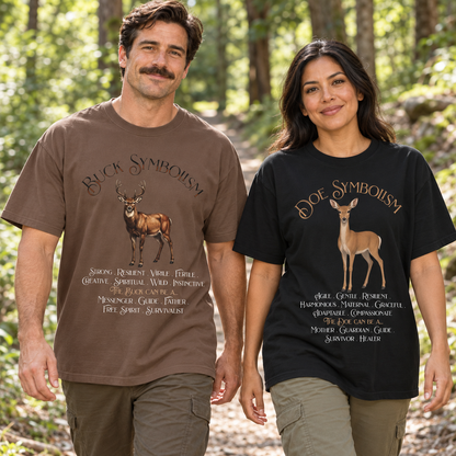 A man and a woman walking side by side in a forest, wearing couple deer t-shirts. The man wears a brown t-shirt with a buck graphic and Buck Symbolism title, and the woman wears a black t-shirt with a doe graphic and Doe Symbolism title.