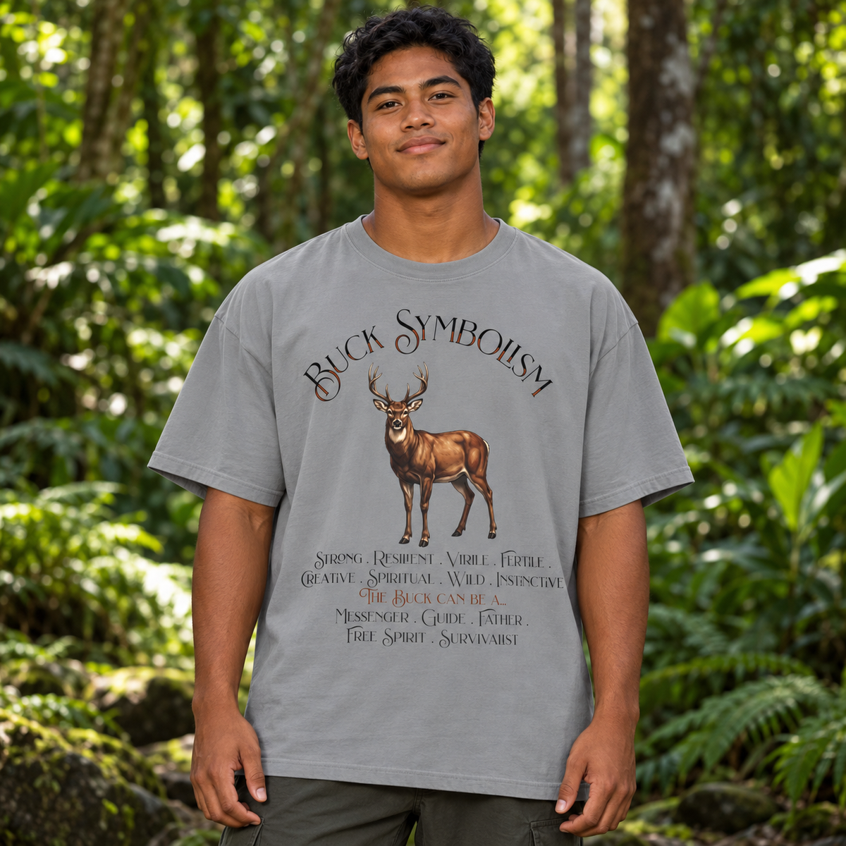 A man wearing a light gray graphic t-shirt with a deer design and the text 'Buck Symbolism' in a forest setting.