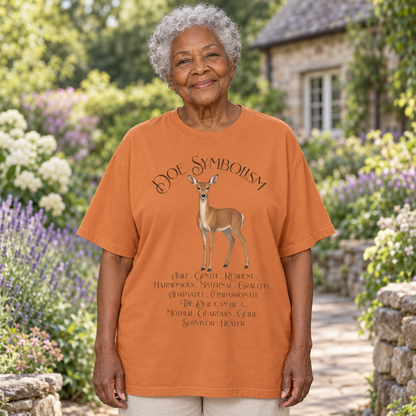 An older woman stands outdoors in a cottage garden wearing a burnt orange graphic t-shirt with a deer illustration and the text 'DOE SYMBOLISM'.