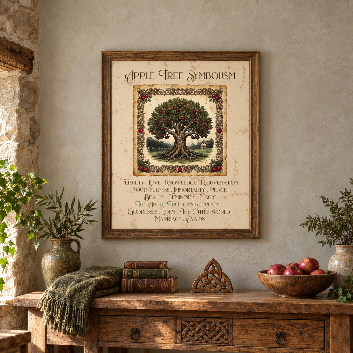 A framed art print titled 'Apple Tree Symbolism' hangs on a textured beige wall above a rustic wooden console table with vases of branches, a green blanket, books, a Celtic symbol decor, and a bowl of apples.