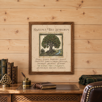 A framed art print titled 'Hazelnut Tree Symbolism' featuring an illustration of a tree and text, displayed on a light wood paneled wall above a wooden desk with an inkwell, a leather journal, a Celtic knot brass figure, a green plaid blanket, books, and a leather chair.