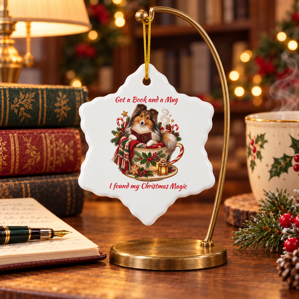A white Christmas ornament shaped like a snowflake hangs from a gold stand on a wooden table. The ornament features an illustration of a Sheltie dog in a teacup with the text 'Got a Book and a Mug I found my Christmas Magic'.