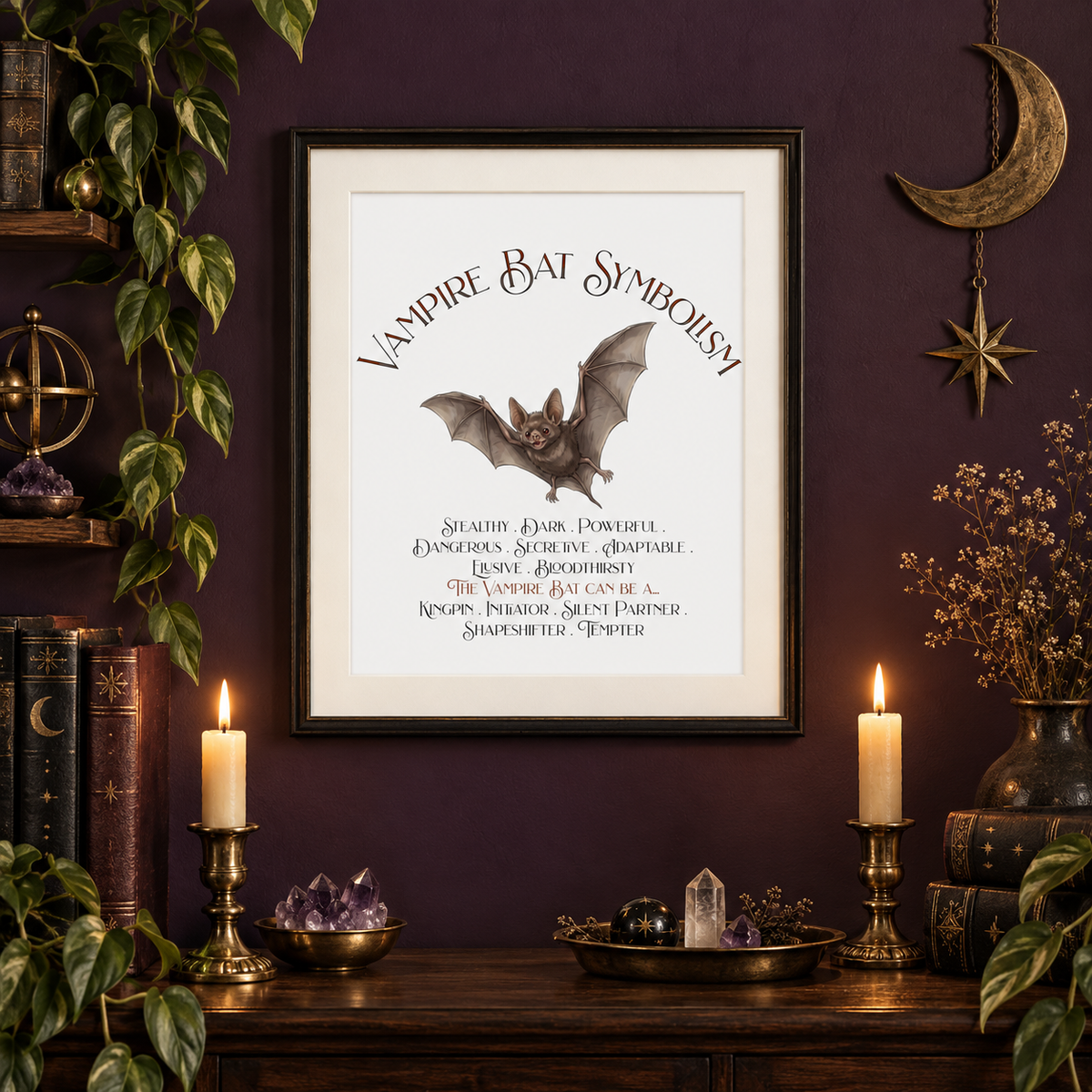 A framed art print titled 'Vampire Bat Symbolism' featuring an illustration of a bat and text, displayed on a dark purple wall above a wooden shelf decorated with candles, crystals, books, and plants.