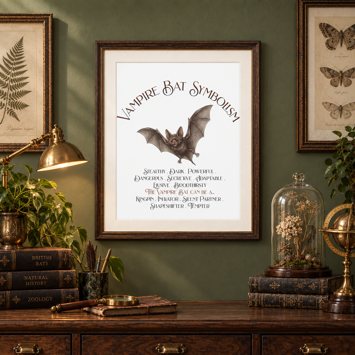 A framed art print titled 'Vampire Bat Symbolism' featuring a bat illustration and text, displayed on a dark wood desk in a vintage study setting with books, a lamp, and framed butterfly art.