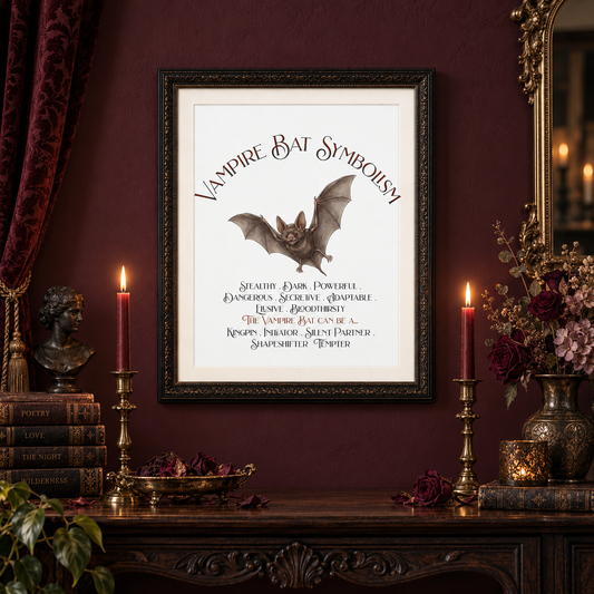 A framed gothic art print titled 'Vampire Bat Symbolism' featuring a bat illustration and text, displayed on a dark wooden console table against a deep burgundy wall, flanked by lit candles, books, and floral arrangements.
