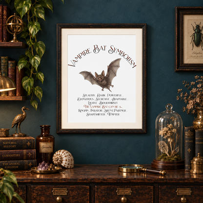 A framed vintage-style print titled 'Vampire Bat Symbolism' hangs on a dark teal wall above a wooden cabinet. The print features an illustration of a bat with gothic text listing vampire bat associations.