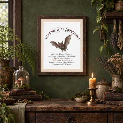 A framed gothic art print titled 'Vampire Bat Symbolism' featuring a bat illustration and text, displayed on a dark wooden console table in a rustic, moss-green room decorated with plants, candles, and vintage books.