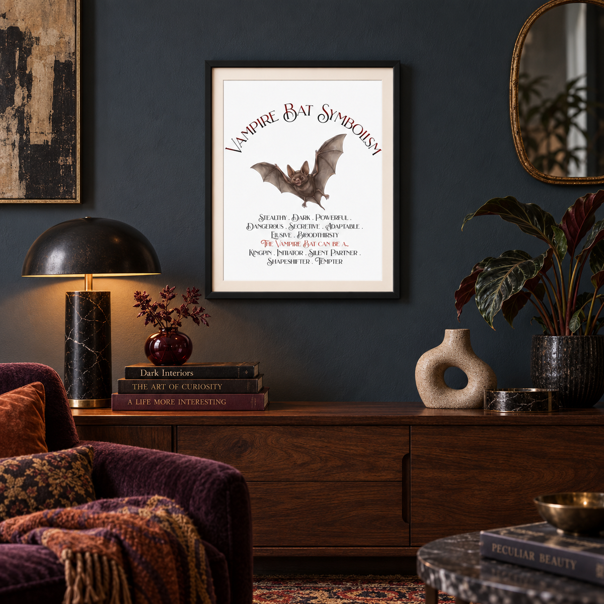 A framed art print titled 'Vampire Bat Syndromsy' featuring a vintage bat illustration and text, displayed on a dark blue wall above a wooden console table in a styled room setting.