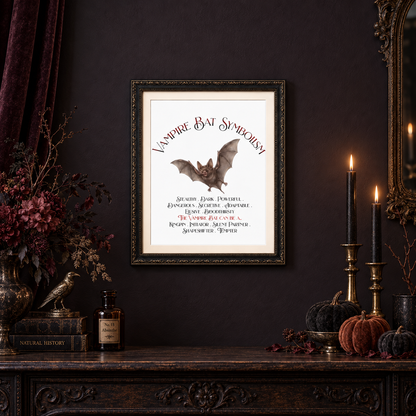 A framed gothic art print titled 'Vampire Bat Symbolism' featuring a bat illustration and text, displayed on a dark wall above a decorated mantel with candles, pumpkins, and dried flowers.