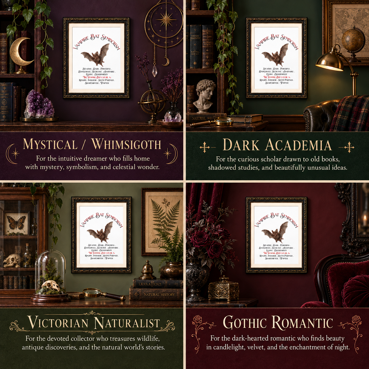 A 2x2 collage showing four framed art prints with gothic-themed titles and text labels: Mystical / Whimsigoth, Dark Academia, Victorian Naturalist, and Gothic Romantic. Each frame contains a white print with a black bat illustration and decorative text, surrounded by styled interior scenes with books, lamps, plants, and furniture.