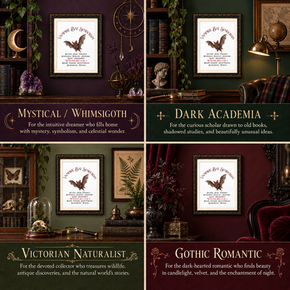 A 2x2 collage showing four framed art prints with gothic-themed titles and text labels: Mystical / Whimsigoth, Dark Academia, Victorian Naturalist, and Gothic Romantic. Each frame contains a white print with a black bat illustration and decorative text, surrounded by styled interior scenes with books, lamps, plants, and furniture.
