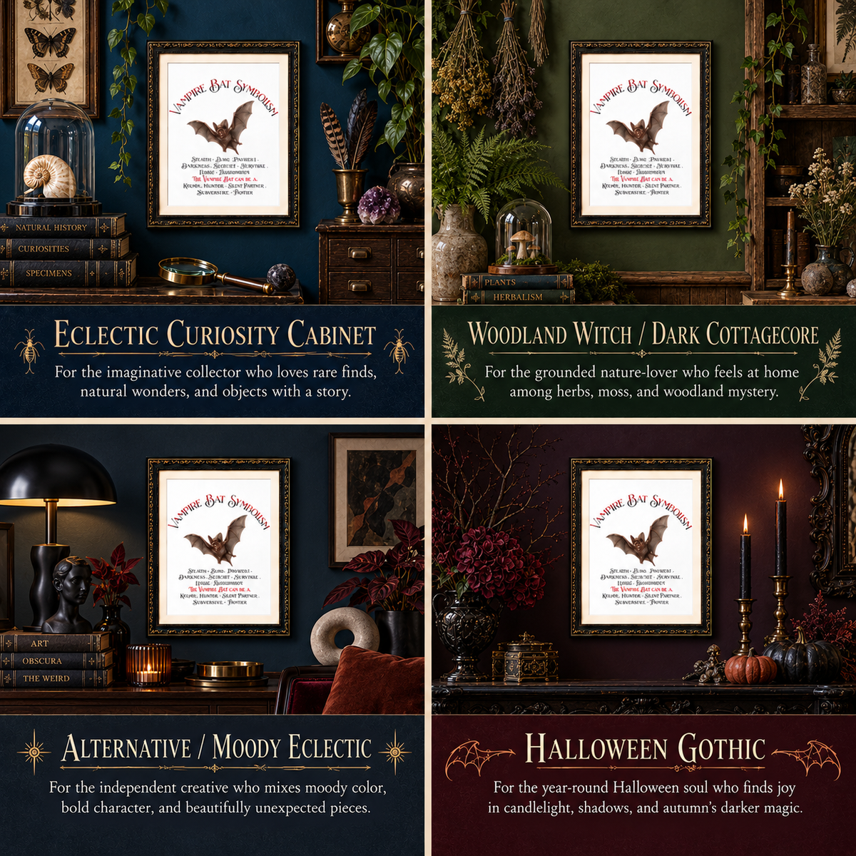 A 2x2 collage showing four framed art prints with gothic and occult designs, each displayed in a different styled room setting. The prints feature illustrations of bats and spiders with text such as 'Eclectic Curiosity Cabinet,' 'Woodland Witch / Dark Cottagecore,' 'Alternative / Moody Eclectic,' and 'Halloween Gothic.