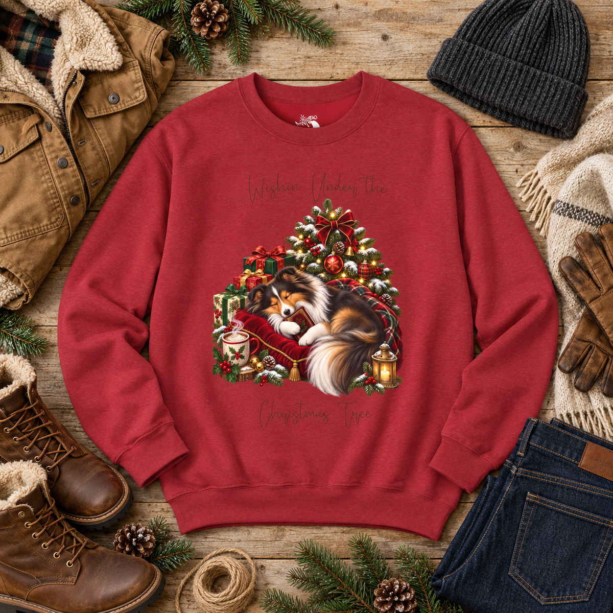 A red crewneck sweatshirt laid flat on a rustic wooden surface, featuring a festive Christmas tree graphic with a dog curled under a Christmas tree with the words, 'Wishin' Under the Christmas Tree'. The sweatshirt is styled in a flat lay with winter and holiday props including a brown jacket, a black beanie, jeans, boots, gloves, and pine branches.