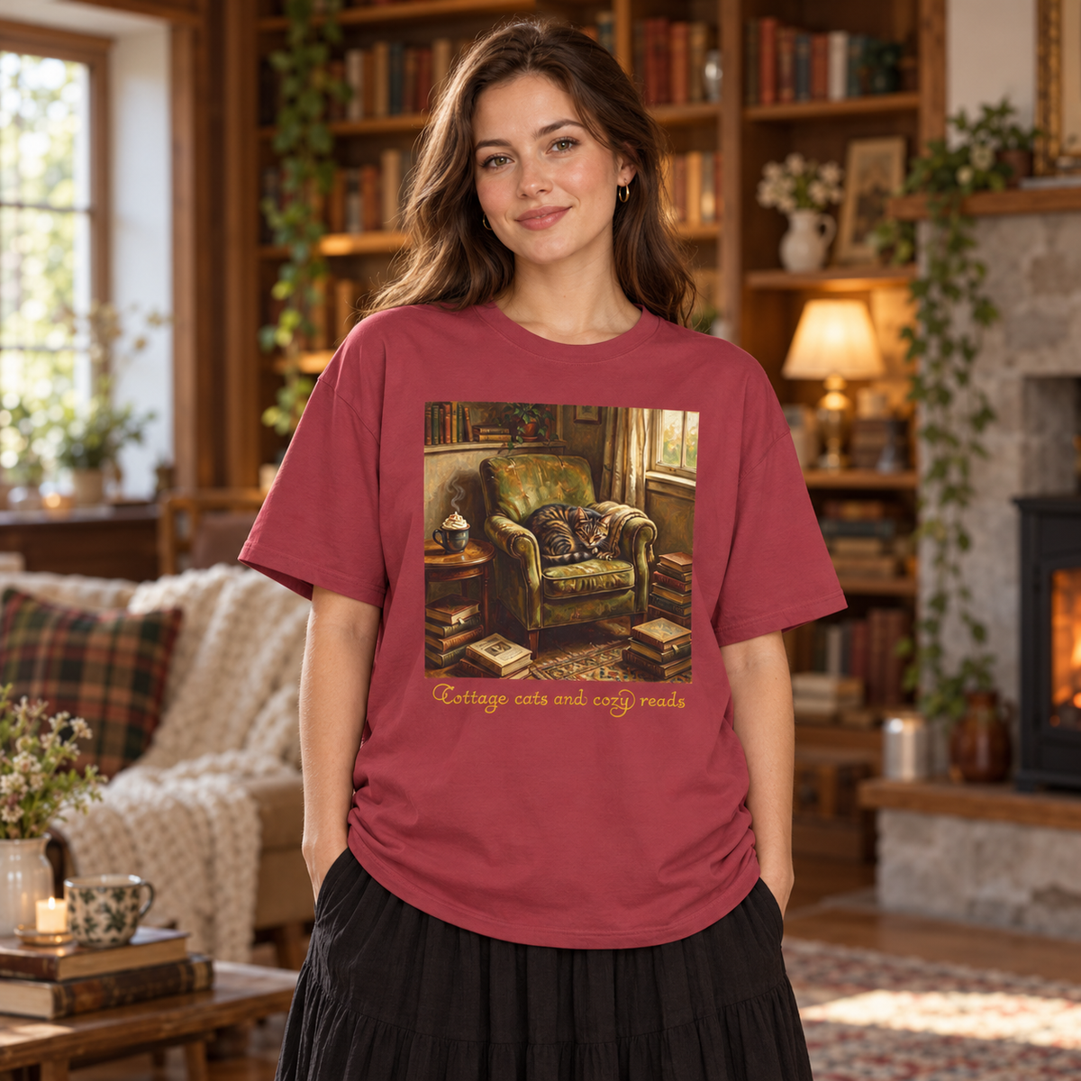 A woman wearing a dusty chili red graphic t-shirt with a vintage armchair illustration and the text 'Cottage cats and cozy reads' printed on the front. She is standing in a cozy, warmly lit book-filled living room.