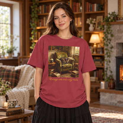 A woman wearing a dusty chili red graphic t-shirt with a vintage armchair illustration and the text 'Cottage cats and cozy reads' printed on the front. She is standing in a cozy, warmly lit book-filled living room.