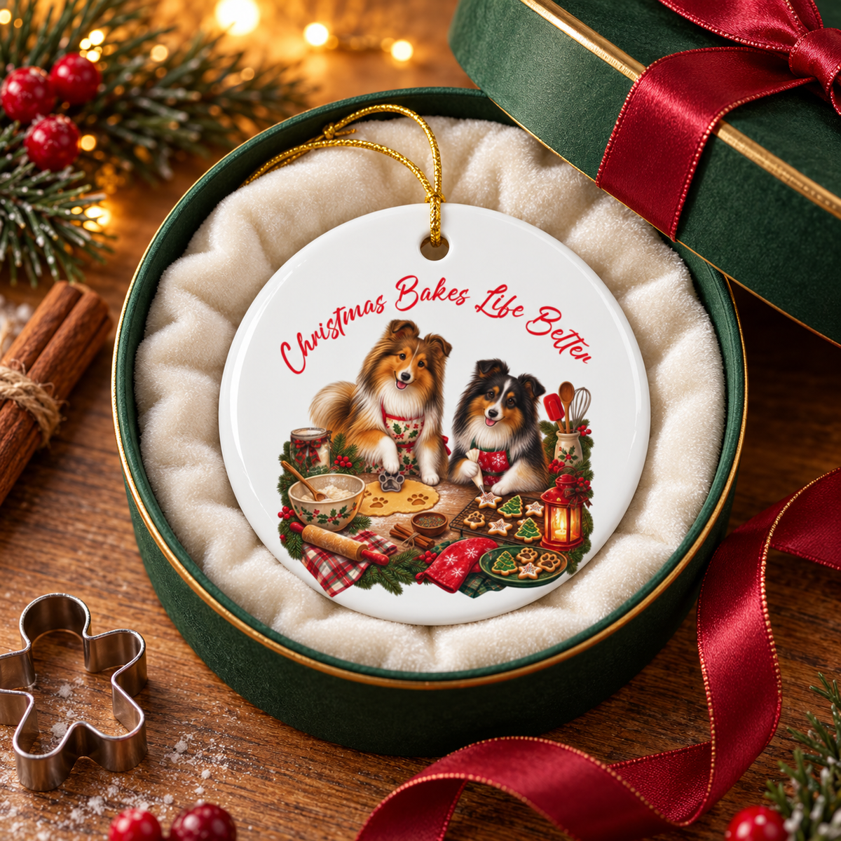 A round Christmas ornament displayed inside an open green gift box with a red ribbon. The ornament features an illustration of two shelties baking with the text 'Christmas Bakes Life Better' in red script.