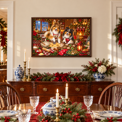 A large framed holiday art print of two shelties decorating cookies hangs on a white wall above a dark wood cabinet with candles, ceramic jars, and holiday greenery. A dining table is in front with more festive greenery, blue and white dining ware, candles, and glasses.