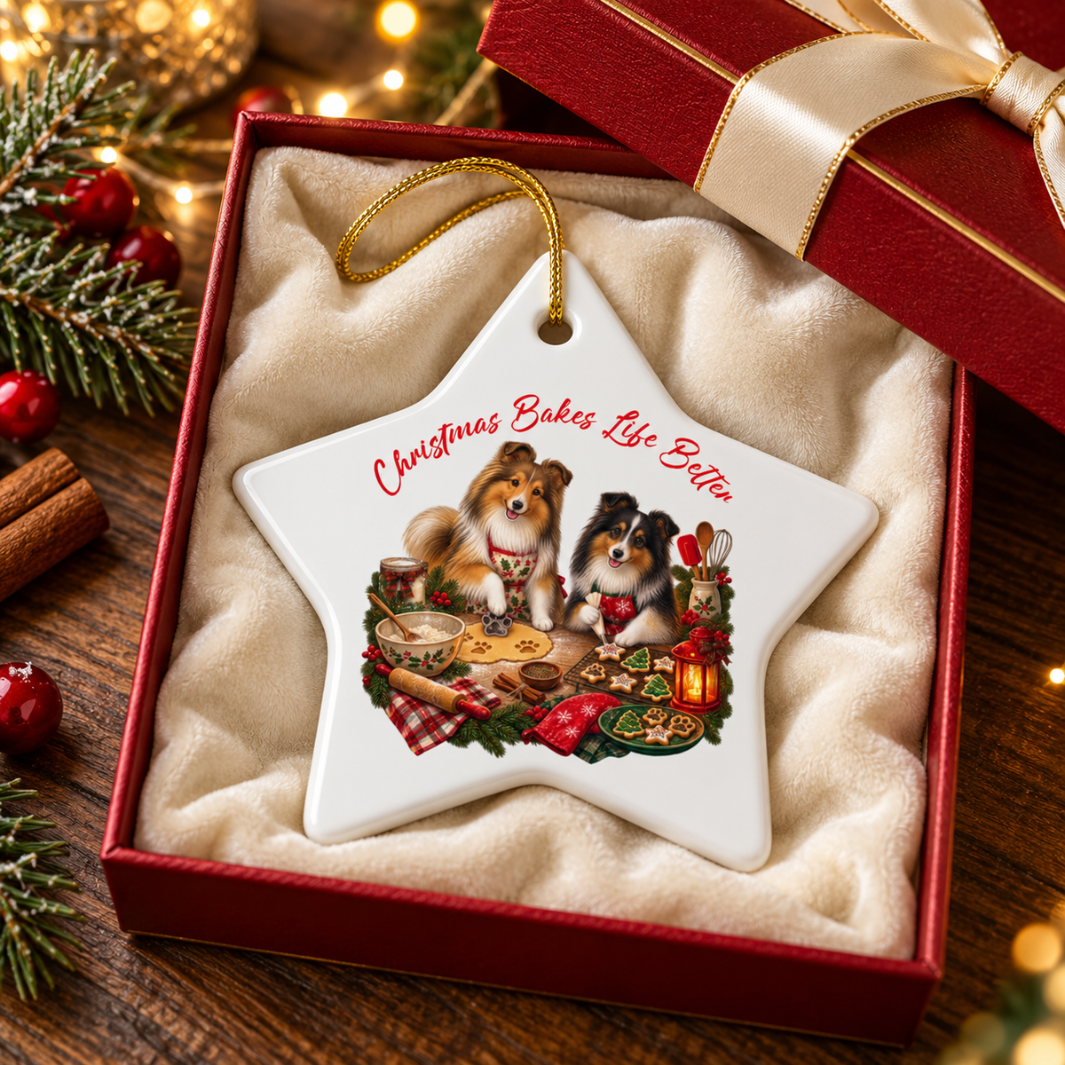 A star-shaped white ceramic Christmas ornament with a gold hanging loop, displayed inside a red gift box with a cream insert. The ornament features an illustration of two shelties baking with the red text 'Christmas Bakes Life Better'.