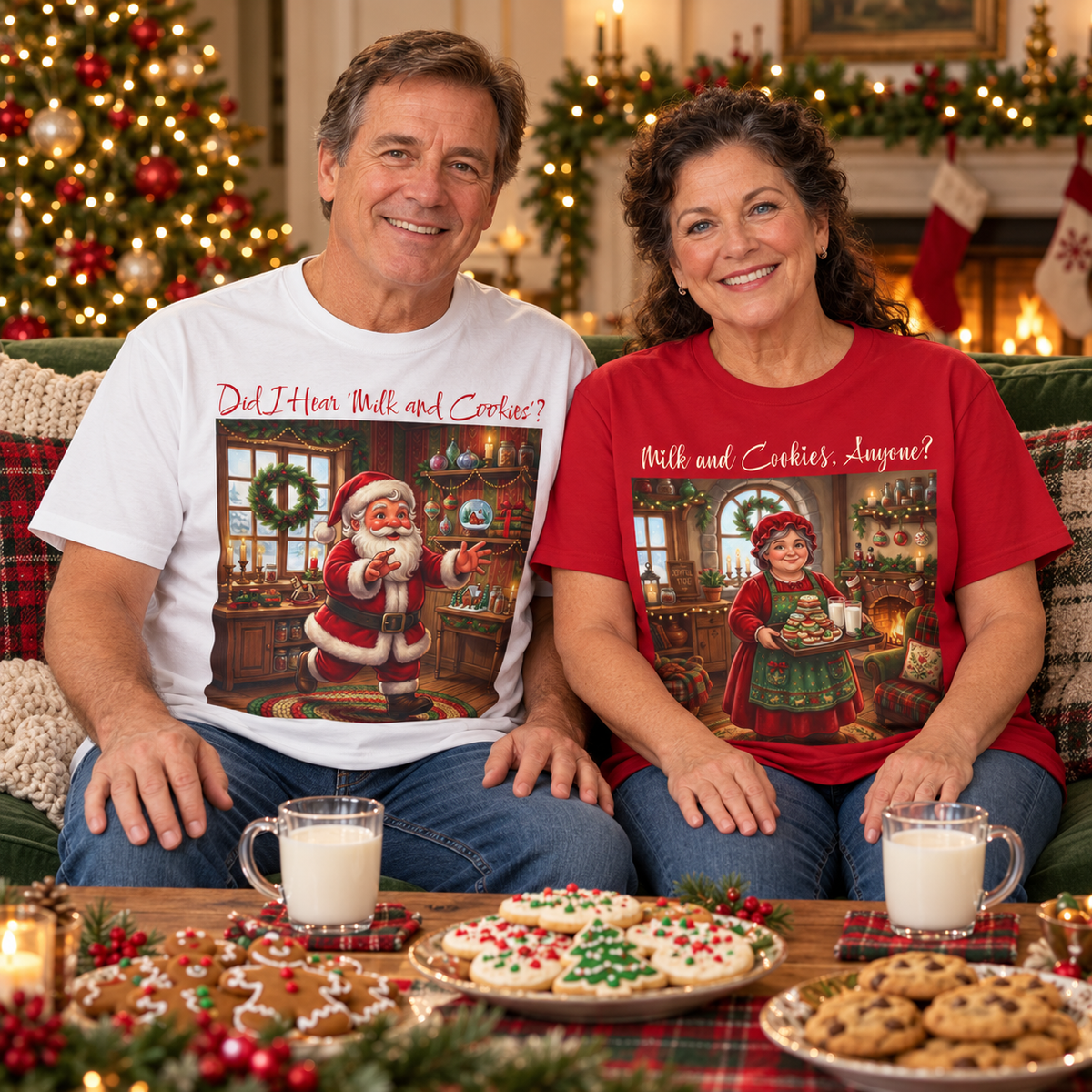 A man and a woman sitting on a green couch in a cozy holiday living room, wearing couples graphic t-shirts with Christmas-themed illustrations and text on the front. The man wears a white shirt with an illustration of Santa running forward and the words, "Did I hear 'milk and cookies'?" The woman wears a red shirt with an illustration of Mrs. Claus and the words, "Milk and Cookies, anyone?"