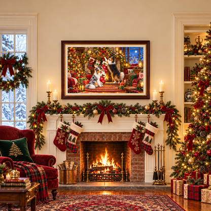 A framed holiday art print depicting two shelties hanging their stockings, displayed on a fireplace mantel in a fully decorated living room with stockings, a fire, a red velvet chair with green velvet pillow and plaid blanket, and a Christmas tree with gifts.