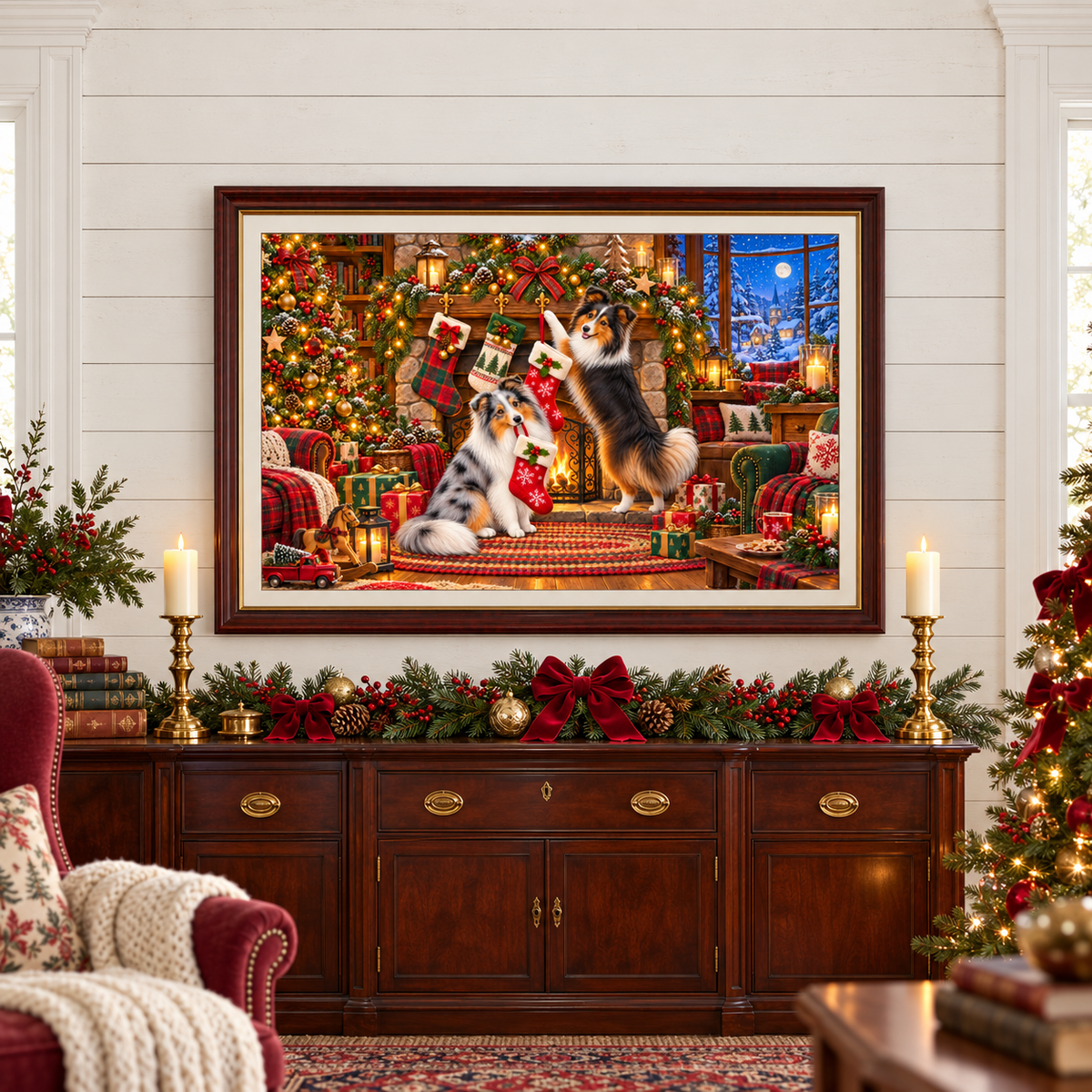 A large framed Christmas art print of shelties hanging their stockings hangs on a white shiplap wall above a dark mahogany console. The room is decorated with red velvet bows, green foliage, pinecones, and round gold ornaments. There's a red velvet chair with a white blanket and holly and tree patterned pillow and a Christmas tree with lights and velvet bows.