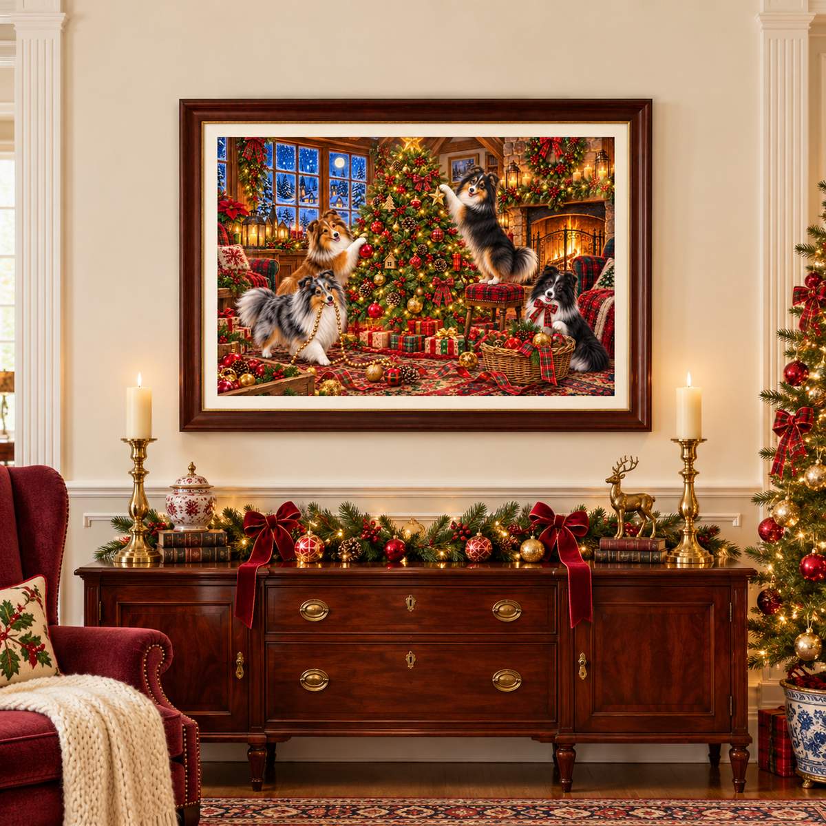 A large framed Christmas-themed print of shelties decorating a tree hangs on a beige wall above a dark mahogany console table with greenery, a gold deer, and greenery. Nearby are a Christmas tree and a red velvet chair with a holly-patterned pillow.