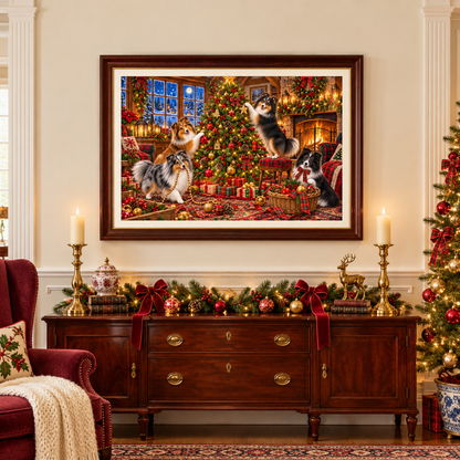 A large framed Christmas-themed print of shelties decorating a tree hangs on a beige wall above a dark mahogany console table with greenery, a gold deer, and greenery. Nearby are a Christmas tree and a red velvet chair with a holly-patterned pillow.