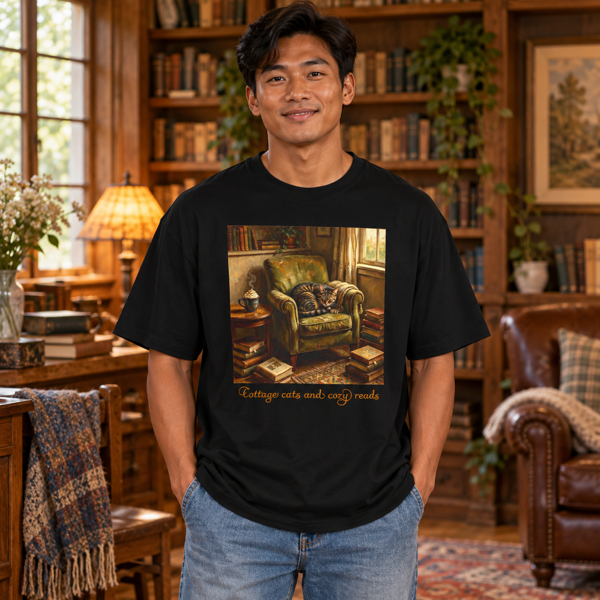 A man wearing a black graphic t-shirt with a vintage-style illustration of a cat curled up in a green armchair in a cozy library and the text 'Cottage cats and cozy reads'.