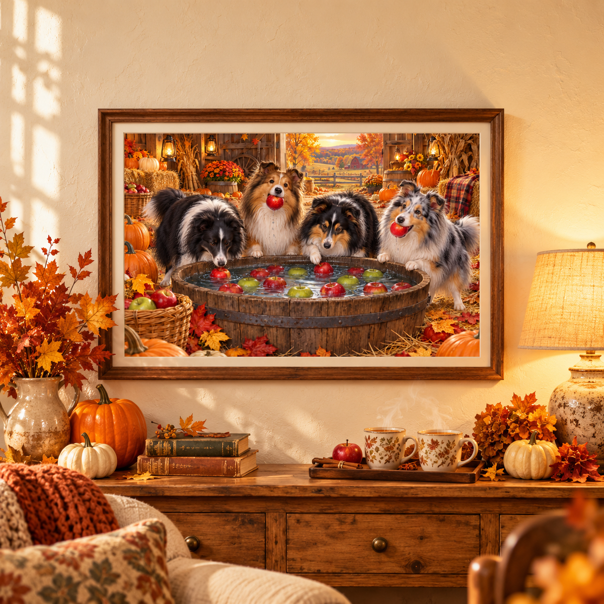 A framed autumn-themed art print depicting three Shelties bobbing for apples in a barrel, displayed on a beige wall above a wooden console table decorated with fall foliage, pumpkins, and a tray of apple cider mugs. A chair with a fall floral pillow and woven blanket.