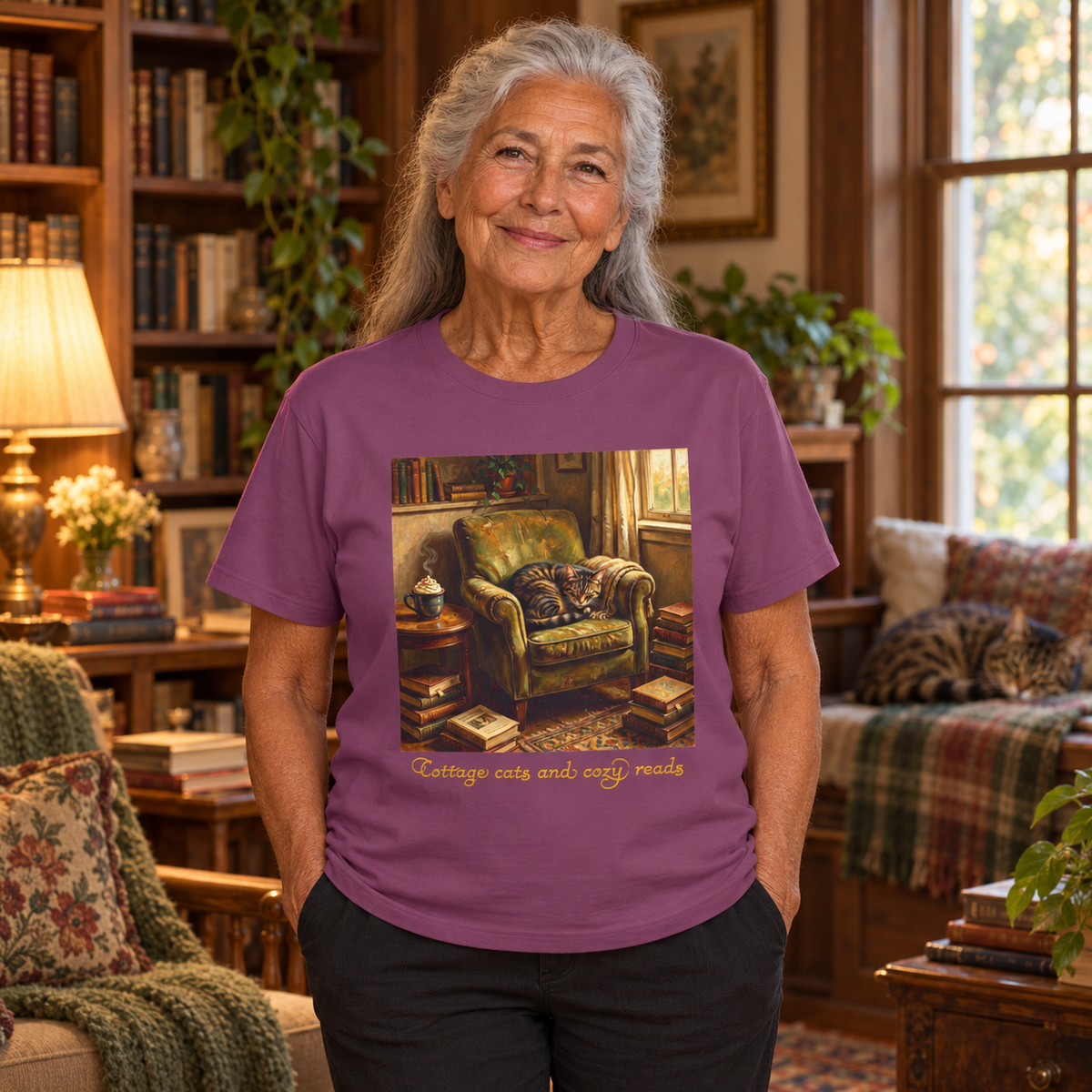 An older woman with gray hair stands in a cozy, book-filled living room wearing a purple graphic t-shirt. The t-shirt features a warm-toned illustration of a green armchair with a cat and a throw blanket, with the text 'Cottage cats and cozy reads' printed below.