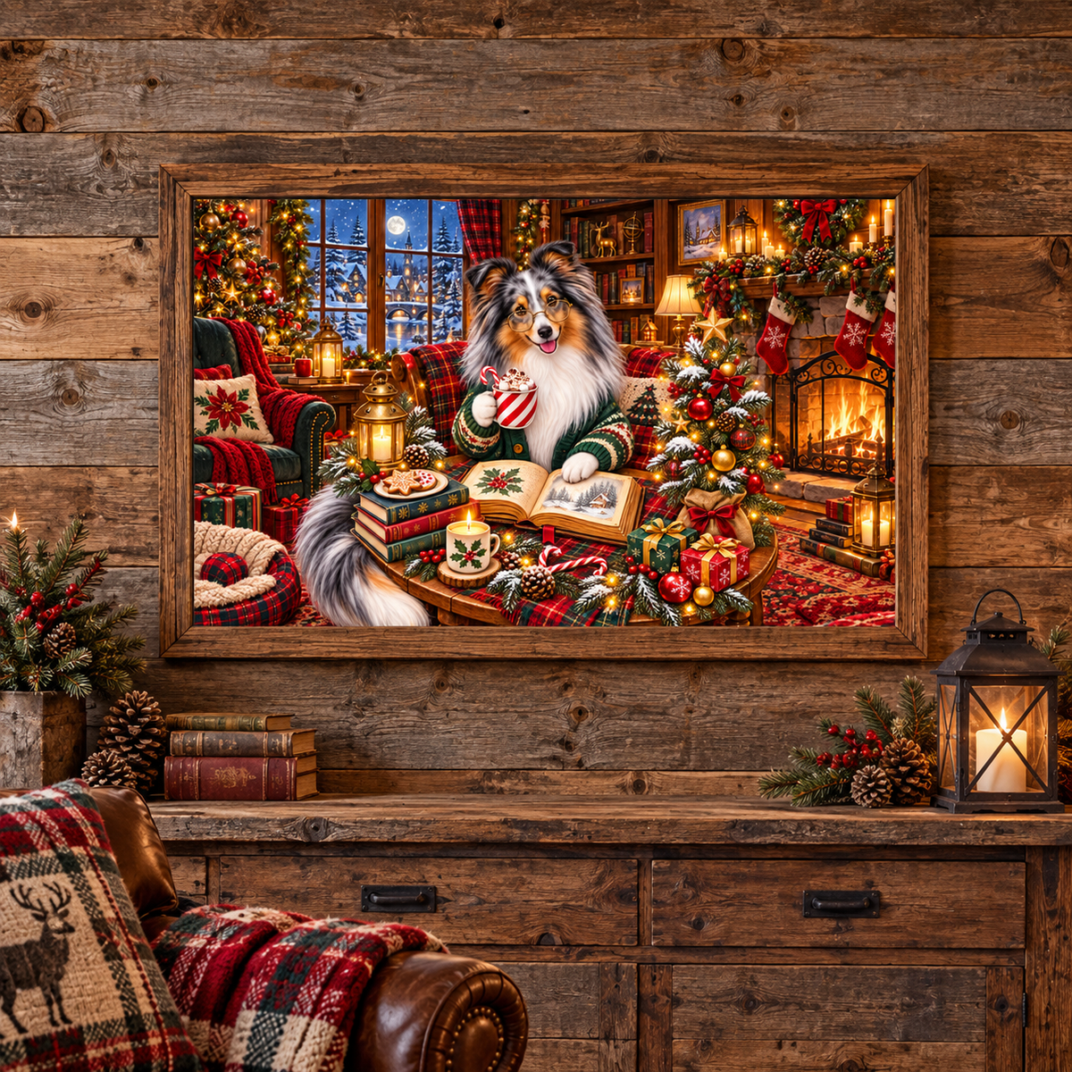 A framed Christmas-themed art print of a sheltie in a cozy festive living room hangs on a rustic wooden wall above a console table with books, pinecones, a lantern, greenery. A leather chair with a plaid blanket and pillow sits in front.