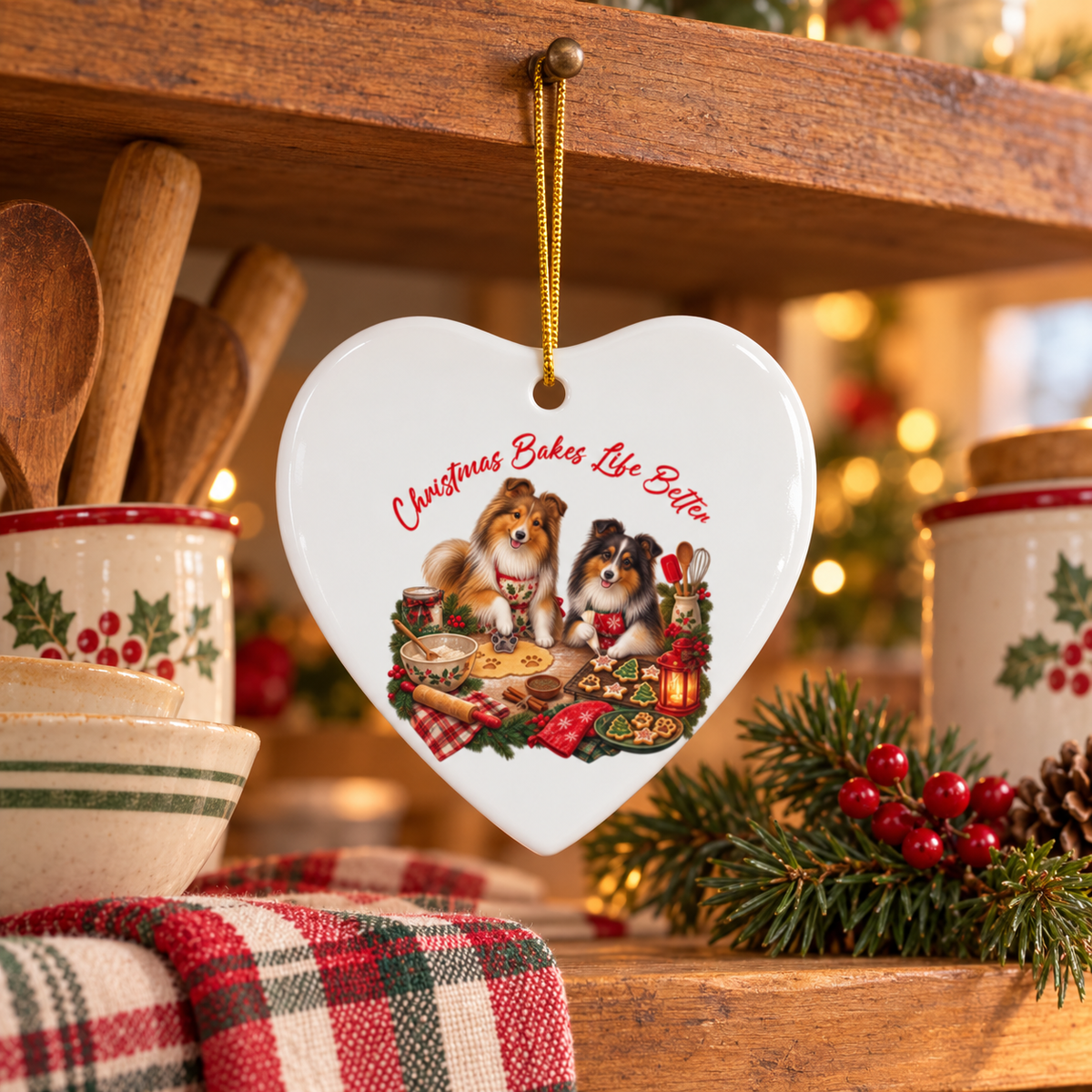 A heart-shaped white ceramic Christmas ornament hanging on a wooden shelf in a cozy kitchen setting with wooden spoons, holly patterned canisters, pine branches, and warm blurred lights in the background. The ornament features an illustration of two shelties baking Christmas cookies with the phrase 'Christmas Bakes Life Better' in red script.